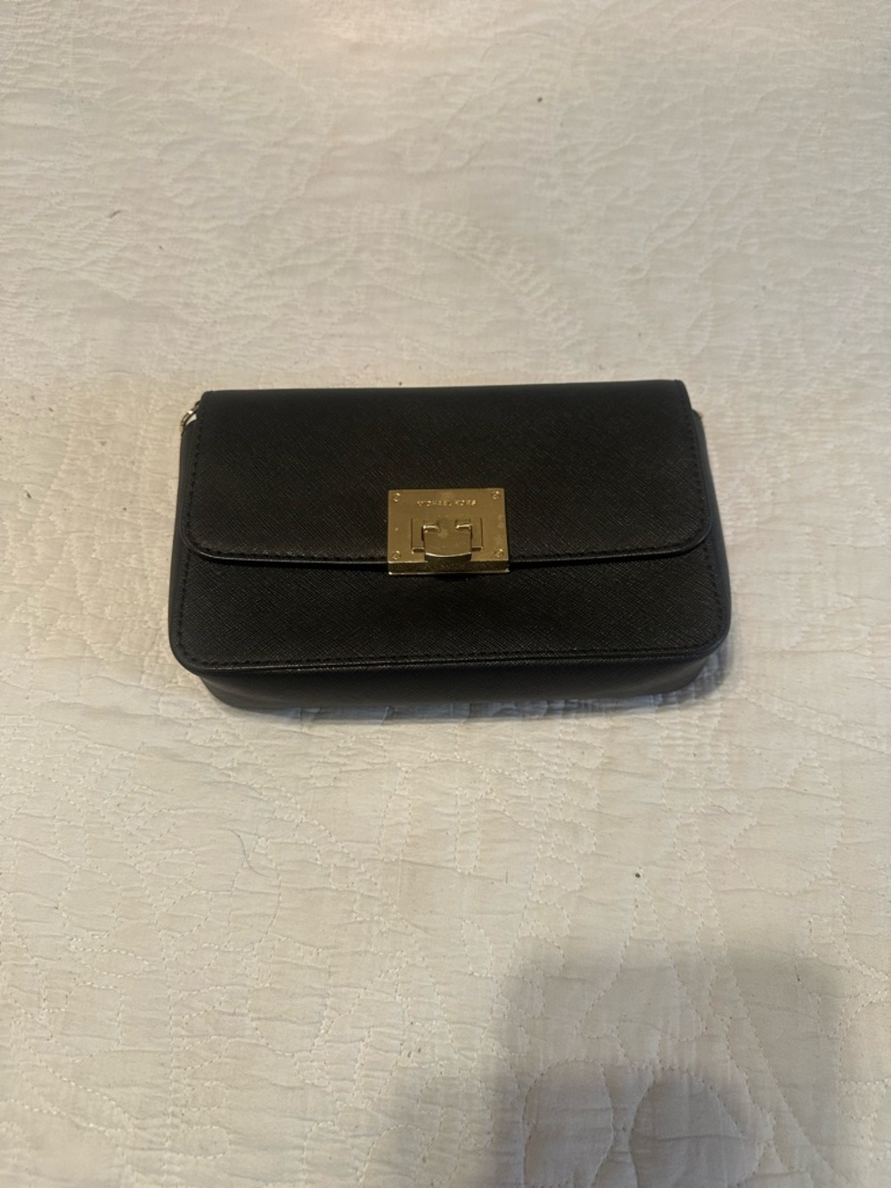 Micheal Kors Black Saffiano Leather Crossbody with Gold Turn-Lock
